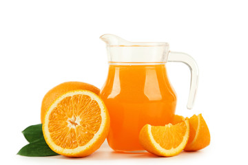 Fresh orange juice in pitcher isolated on white