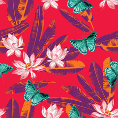 lotus, butterflies and banana leaves seamless background