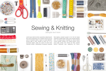 sewing and knitting on white background