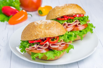 Healthy ham sandwiches on the plate