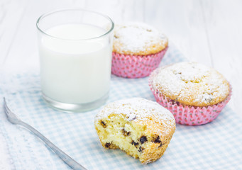 Homemade muffins with choco chips and glass of milk