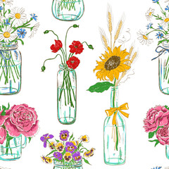 Seamless pattern of mason jars with flowers