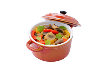 Ragout mushrooms with onion and sweet peppers on white backgroun