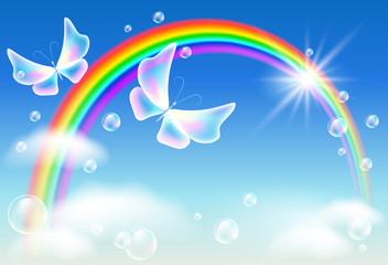Fototapeta na wymiar Flying two butterflies in the sky with rainbow