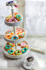 Sweet donuts served with coffee