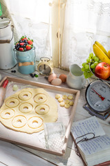 Delicious donuts in the sunny kitchen