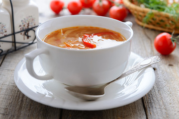 Soup from fresh cabbage, tomatoes and potatoes