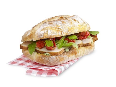 Chicken and tomato sandwich with clipping path isolated on white