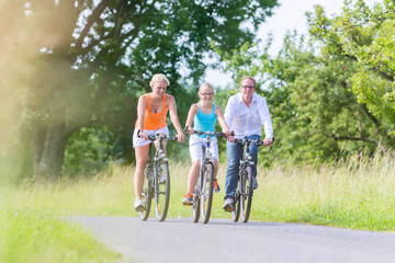 Familie im Sommer fährt Fahrrad Tour