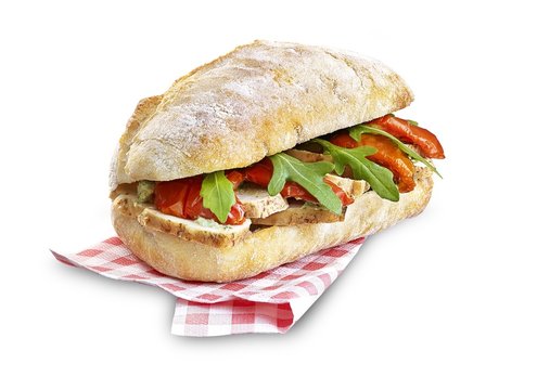 Chicken and tomato sandwich with clipping path isolated on white