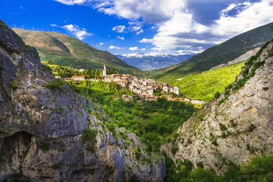 Italy travel and authentic beautiful places. picturesque mountain region Abruzzo. View of village Anversa degli abruzzi . italian tourism