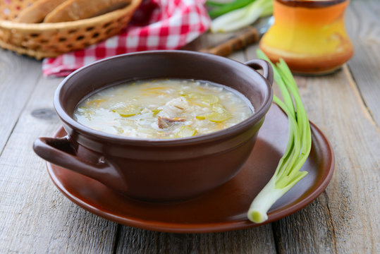 Russian cuisine: meat soup with pickled cucumbers