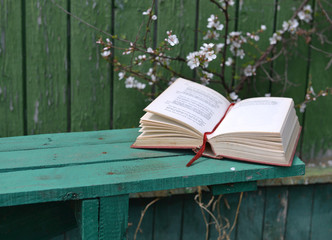 Still life with open poetry book lying on wooden bench 