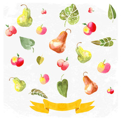 ornaments with painted apples, flowers, and ribbon