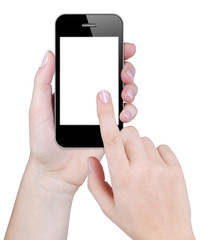Woman finger touching blank screen of smartphone