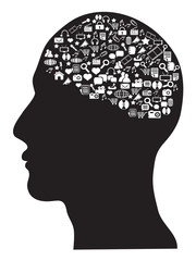 human brain with social media icons set