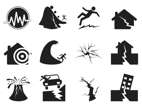 black earthquake icons set