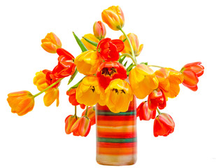 Orange, yellow tulips flowers, floral arrangement, colored vase.