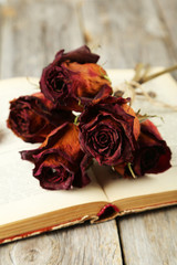Dried roses on grey wooden background