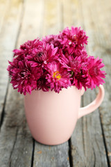 Beautiful purple chrysanthemums in cup on wooden background