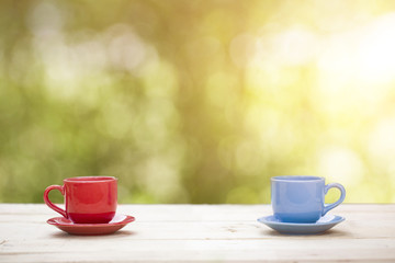 Two cups of coffee on the table in the garden
