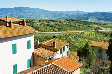 Fototapeta na wymiar Countryside landscape with red roofs of houses.Toscana, Italy.