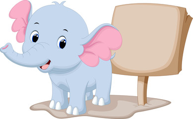 Cute baby elephant cartoon with a blank sign