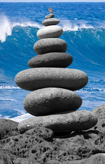 oiseau posé sur sculpture de pierres, île de la Réunion