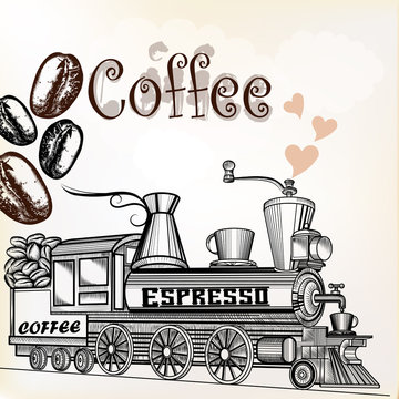 Coffee vintage background with coffee grains and coffee mill loo