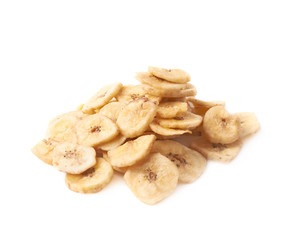 Pile of dried sliced banana snack isolated