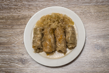 Cabbage rolls filled with minced meat and rice on plate