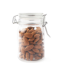 Glass jar filled with almonds isolated