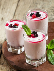 Homemade yogurt with berry juice and currants in a glass, select
