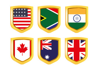 Shields with flags: USA, RSA, Great Britain, Canada, Australia