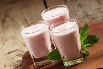 Fresh homemade yogurt berries in glasses, selective focus