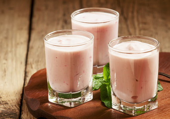 Fresh homemade yogurt berries in glasses, selective focus