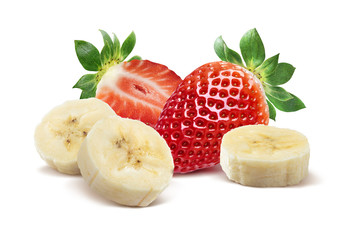 Whole strawberry, half and banana 3 isolated on white © yggdrasil