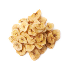 Pile of dried sliced banana snack isolated