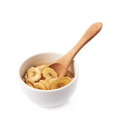 Bowl filled with banana slices isolated