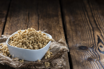 Wooden background with Soy Meat