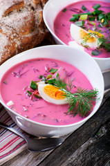 The beetroot soup with egg 

