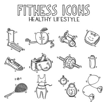 Hand Drawn Doodle Sketch Icons Set Fitness And Sport Concept