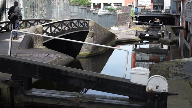 Flight of locks on a city centre canal in Birmingham, England.