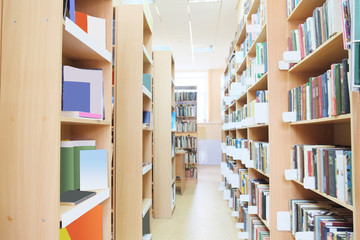 Interior of library with book shelves
