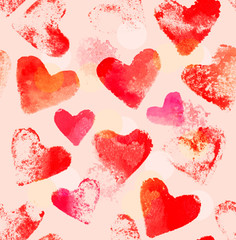 Stamp printed watercolour hearts seamless pattern