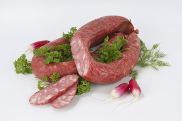 Composition of the smoked sausages and vegetables.