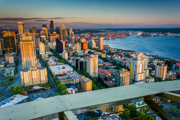 Evening view of the downtown Seattle skyline, in Seattle, Washin