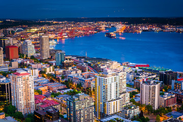 Twilight view of downtown Seattle and Elliott Bay, in Seattle, W