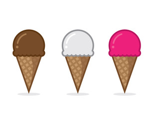 Ice cream cone flavors chocolate vanilla and strawberry
