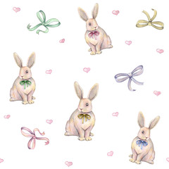 Watercolor rabbit with bow is isolated on a white background